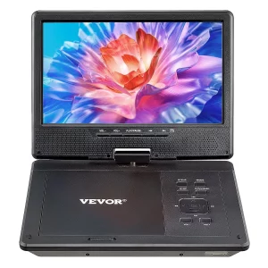 Prenosný DVD prehrávač s otočnou HD obrazovkou (228 mm), vstavaná 4-hodinová batéria, 2 reproduktory, podpora synchronizácie TV/USB/SD karty/CD/DVD, nabíjačka do auta, čierna