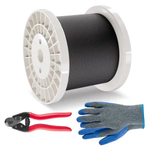 Sada oceľových lán, priemer 3,18 mm x 152,4 m, lano z nehrdzavejúcej ocele 316 s nožnicami a rukavicami, pevnosť v ťahu 7,1 kN, jadro 7 x 7 prameňov v námornej a leteckej kvalite na zábradlia, schody, ploty terás