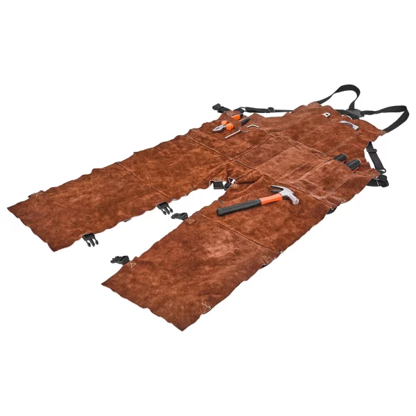 Kožená zváračská zástera s delenými nohavicami, zástera s náprsníkom 610x1067 mm, pracovná zástera z hovädzej kože, bezpečnostná zástera s 3 vreckami na drevo, záhradu, kováčstvo, veľkosť M – Obrázok 4