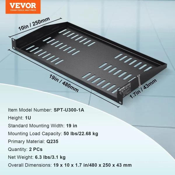 2-balenie 1U serverových rackových políc, hĺbka 10"/254 mm, maximálna nosnosť 50 libier, vetrané konzolové alebo nástenné rackové poličky s policou, dobrá cirkulácia vzduchu pre 19" sieťovú skriňu alebo rackové zariadenia – Obrázok 6