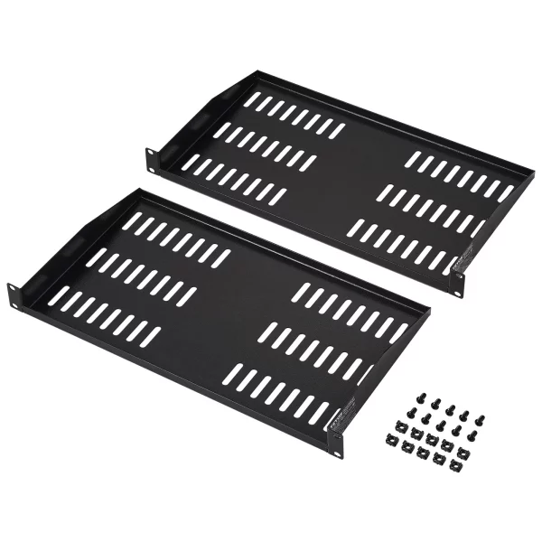 2-balenie 1U serverových rackových políc, hĺbka 10"/254 mm, maximálna nosnosť 50 libier, vetrané konzolové alebo nástenné rackové poličky s policou, dobrá cirkulácia vzduchu pre 19" sieťovú skriňu alebo rackové zariadenia – Obrázok 3