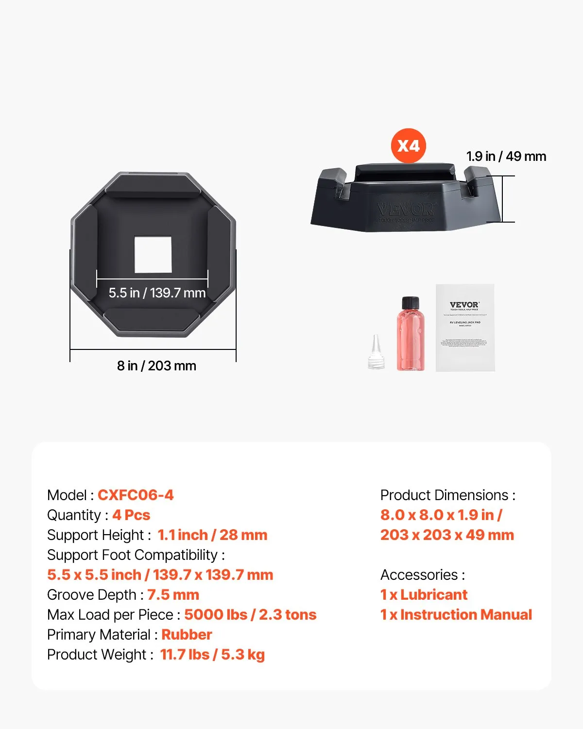 4-balenie vyrovnávacích podložiek pre obytné vozidlá, gumené podložky pre zdvihák prívesu s nosnosťou 2300 kg (na podložku), stabilizačná podložka pre zdvihák s veľkou plochou, ideálna pre štvorcové stopy (139,7 mm) – Obrázok 6