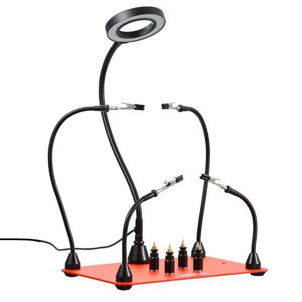 Spájkovacia pomôcka z tretej ruky, magnetická spájkovacia stanica, spájkovací nástroj so 4 flexibilnými ramenami, s LED lupou, 4 držiakmi stĺpikov na DPS a základňou, na opravy, remeslá, koníčky, domáci kutilstvo – Obrázok 4