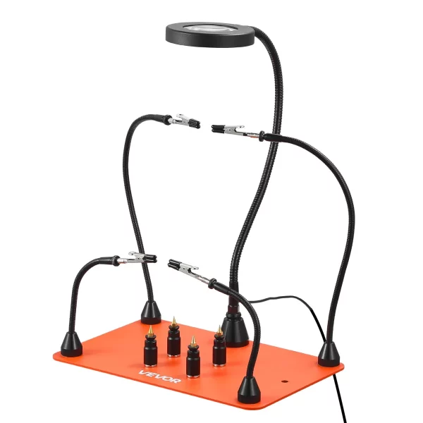 Spájkovacia pomôcka z tretej ruky, magnetická spájkovacia stanica, spájkovací nástroj so 4 flexibilnými ramenami, s LED lupou, 4 držiakmi stĺpikov na DPS a základňou, na opravy, remeslá, koníčky, domáci kutilstvo – Obrázok 3