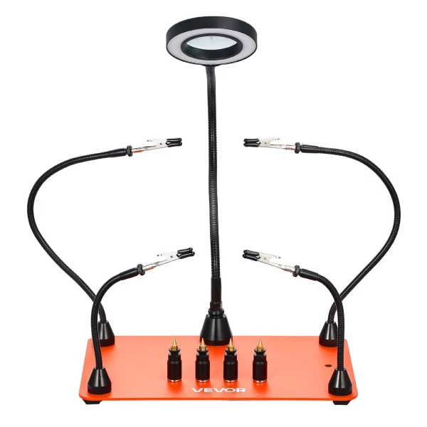 Spájkovacia pomôcka z tretej ruky, magnetická spájkovacia stanica, spájkovací nástroj so 4 flexibilnými ramenami, s LED lupou, 4 držiakmi stĺpikov na DPS a základňou, na opravy, remeslá, koníčky, domáci kutilstvo – Obrázok 5