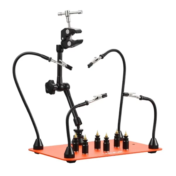 Spájkovacia pomôcka z tretej ruky, magnetická spájkovacia stanica, 4 flexibilné ramená, so 6 držiakmi stĺpikov na DPS a 360-stupňovým držiakom teplovzdušnej pištole, pomocná ruka pri opravách elektroniky, 279 x 178 x 3 mm