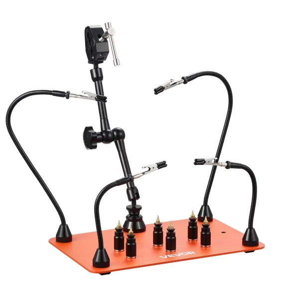 Spájkovacia pomôcka z tretej ruky, magnetická spájkovacia stanica, 4 flexibilné ramená, so 6 držiakmi stĺpikov na DPS a 360-stupňovým držiakom teplovzdušnej pištole, pomocná ruka pri opravách elektroniky, 279 x 178 x 3 mm – Obrázok 3