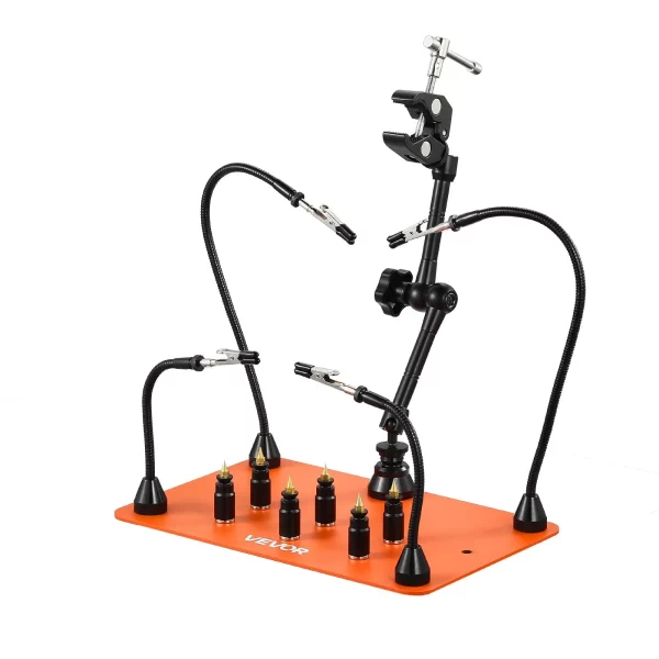 Spájkovacia pomôcka z tretej ruky, magnetická spájkovacia stanica, 4 flexibilné ramená, so 6 držiakmi stĺpikov na DPS a 360-stupňovým držiakom teplovzdušnej pištole, pomocná ruka pri opravách elektroniky, 279 x 178 x 3 mm – Obrázok 5