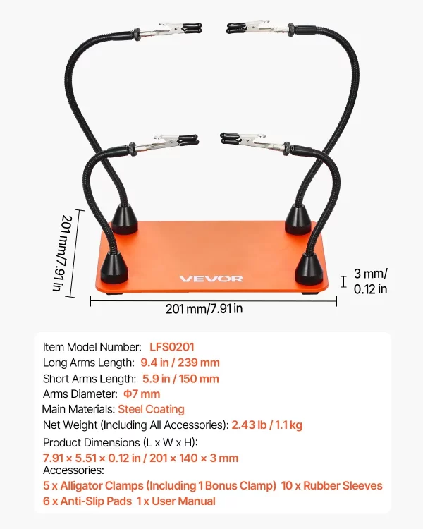 Spájkovacia pomôcka z tretej ruky 201x140x3 mm, magnetická spájkovacia stanica, 4 flexibilné ramená, s krokosvorkami a protišmykovou oceľovou základňou, na opravy elektroniky, remeslá, koníčky, domáci kutilstvo – Obrázok 6
