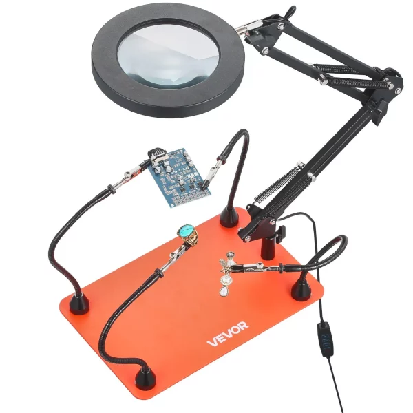 Spájkovacia pomôcka z tretej ruky, magnetická spájkovacia stanica, 4 flexibilné ramená, nástroj s 3x LED zväčšovacou lampou a protišmykovou základňou, na opravy elektroniky, remeslá, koníčky, domáci kutilstvo – Obrázok 2
