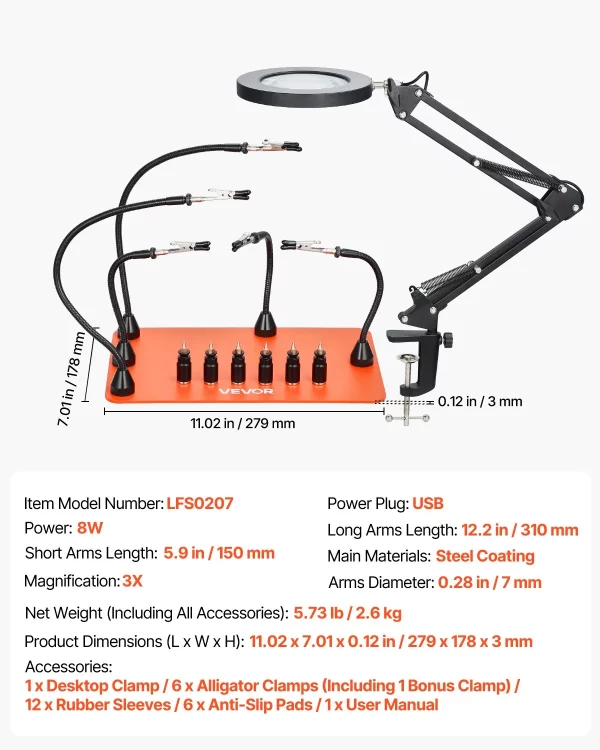 Spájkovacia pomôcka z tretej ruky, magnetická spájkovacia stanica, spájkovací nástroj 2 v 1 s 3x LED zväčšovacou lampou a 5 flexibilnými ramenami, 6 držiakmi dosiek plošných spojov, základňová stanica pre opravy elektroniky – Obrázok 6