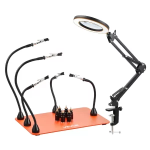 Spájkovacia pomôcka z tretej ruky, magnetická spájkovacia stanica, spájkovací nástroj 2 v 1 s 3x LED zväčšovacou lampou a 5 flexibilnými ramenami, 6 držiakmi dosiek plošných spojov, základňová stanica pre opravy elektroniky