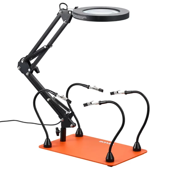 Spájkovacia pomôcka z tretej ruky, magnetická spájkovacia stanica, spájkovací nástroj 2 v 1 s 3x LED zväčšovacou lampou a 5 flexibilnými ramenami, 6 držiakmi dosiek plošných spojov, základňová stanica pre opravy elektroniky – Obrázok 4