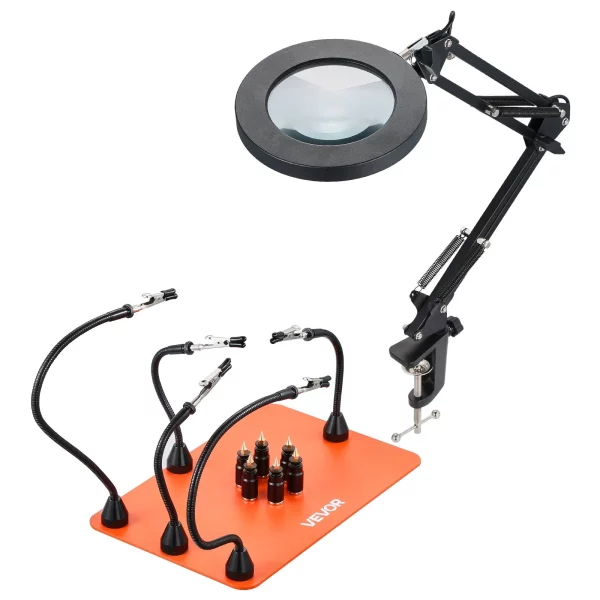 Spájkovacia pomôcka z tretej ruky, magnetická spájkovacia stanica, spájkovací nástroj 2 v 1 s 3x LED zväčšovacou lampou a 5 flexibilnými ramenami, 6 držiakmi dosiek plošných spojov, základňová stanica pre opravy elektroniky – Obrázok 3