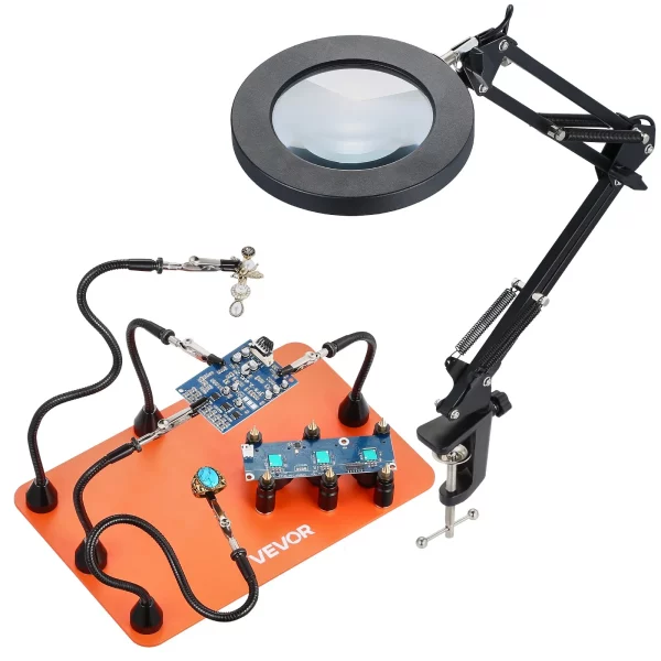 Spájkovacia pomôcka z tretej ruky, magnetická spájkovacia stanica, spájkovací nástroj 2 v 1 s 3x LED zväčšovacou lampou a 5 flexibilnými ramenami, 6 držiakmi dosiek plošných spojov, základňová stanica pre opravy elektroniky – Obrázok 2