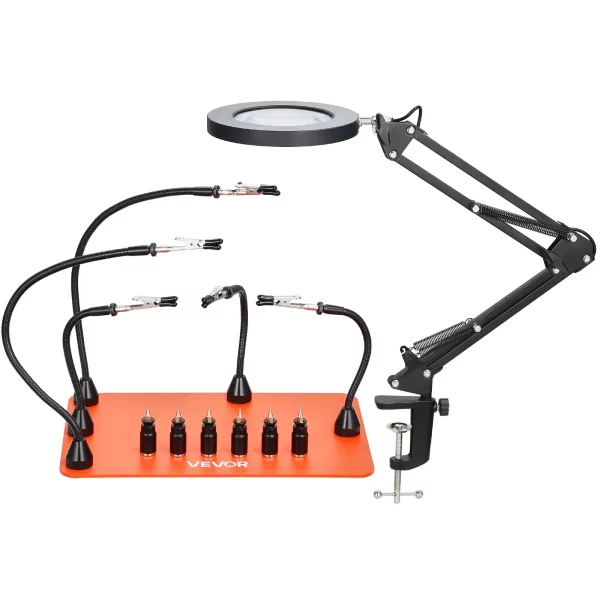 Spájkovacia pomôcka z tretej ruky, magnetická spájkovacia stanica, spájkovací nástroj 2 v 1 s 3x LED zväčšovacou lampou a 5 flexibilnými ramenami, 6 držiakmi dosiek plošných spojov, základňová stanica pre opravy elektroniky – Obrázok 5