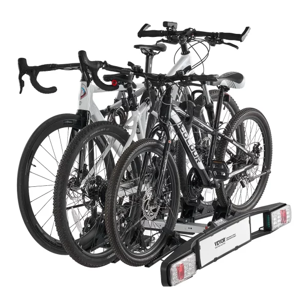 Skladací nosič bicyklov, spojovací nosič bicyklov pre 5 cm držiak, zadný nosič bicyklov pre 3 bicykle s nosnosťou do 65 kg, uzamykateľný nosič bicyklov pre elektrobicykle so zadným svetlom – Obrázok 3