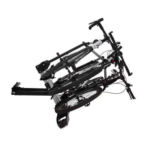 Skladací nosič bicyklov, spojovací nosič bicyklov pre 5 cm držiak, zadný nosič bicyklov pre 3 bicykle s nosnosťou do 65 kg, uzamykateľný nosič bicyklov pre elektrobicykle so zadným svetlom – Obrázok 5