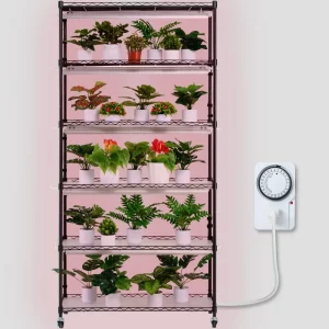 Stojan na rastliny s pestovateľským svetlom, 6-úrovňový 150W stojan na pestovateľské svetlo s 3 režimami svetelného spektra, oceľový stojan na rastliny s časovačom, pestovateľský stojan na záhradné rastliny, 90 x 35 x 180 cm
