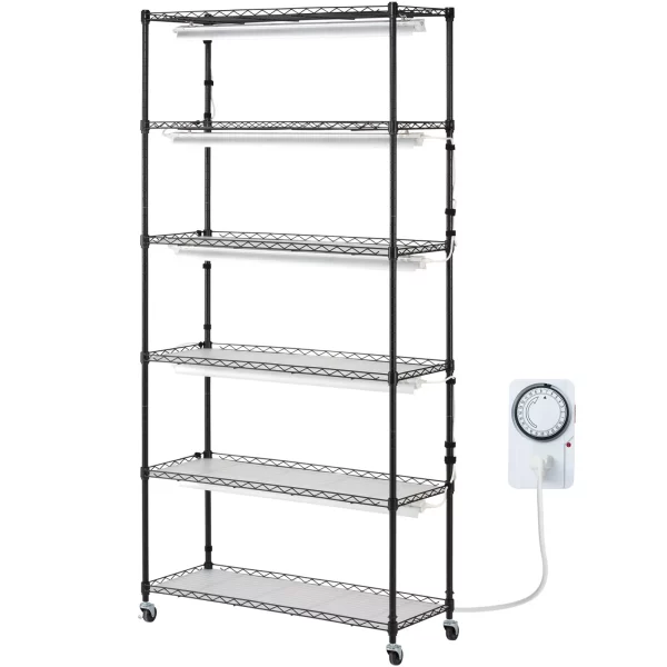 Stojan na rastliny s pestovateľským svetlom, 6-úrovňový 150W stojan na pestovateľské svetlo s 3 režimami svetelného spektra, oceľový stojan na rastliny s časovačom, pestovateľský stojan na záhradné rastliny, 90 x 35 x 180 cm – Obrázok 5