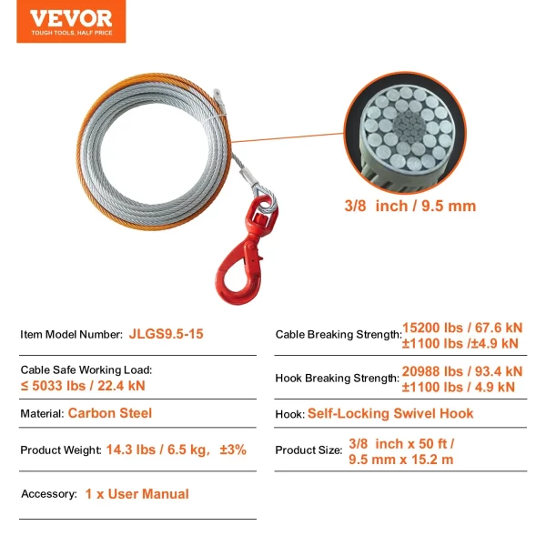 Oceľové lano 9,5 mm x 15,2 m, pevnosť v ťahu 67,6 kN, lesné lano s otočným hákom, zdvíhacie lano, ťažné lano, ideálne pre štvorkolky, UTV, autá, SUV alebo veľké terénne vozidlá. – Obrázok 6