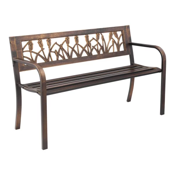 Záhradná lavica, záhradný nábytok, lavice 127 cm, nosnosť 250 kg, záhradná lavica s kovovým rámom z uhlíkovej ocele, balkónová lavica s kvetinovým vzorom z PVC a podrúčkami so zaoblenými hranami, antický bronz