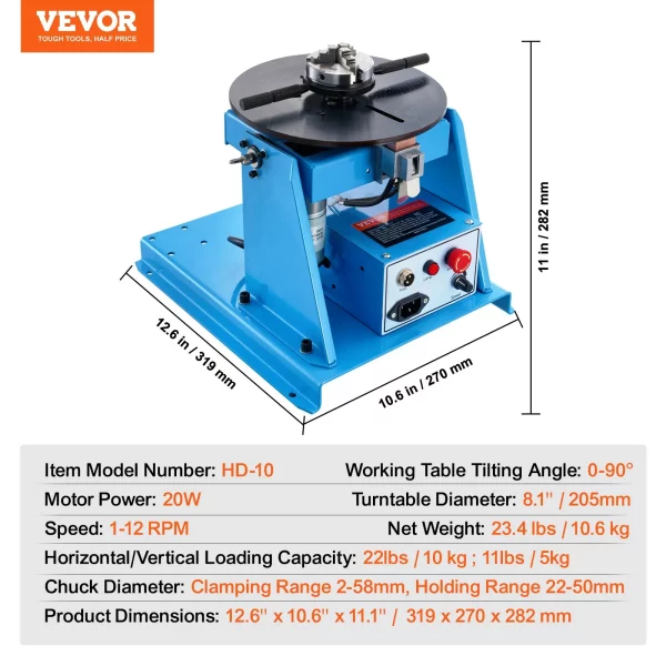 Zvárací otočný stôl 20W Zvárací polohovač 1-12 ot./min. Manipulátor 10 kg (horizontálne)/5 kg (vertikálne) Otočný stôl Uhol sklonu 0-90° Trojčeľusťové skľučovadlo K01-63 na rezanie, brúsenie a montáž – Obrázok 5