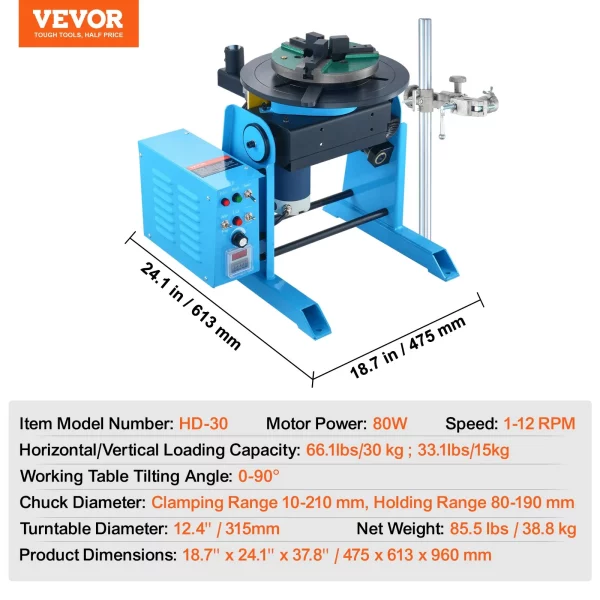 Zvárací otočný stôl 80W, zvárací polohovač 1-12 ot./min., manipulátor, otočný stôl 30 kg (horizontálne)/15 kg (vertikálne), uhol sklonu 0-90°, trojčeľusťové skľučovadlo KD200 na rezanie, brúsenie a montáž – Obrázok 6