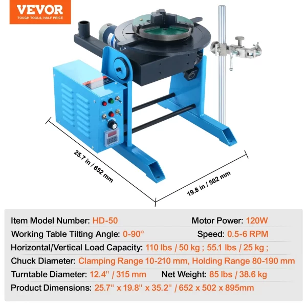 Otočný zvárací stôl 120W, polohovač zvárania, manipulátor 0,5-6 ot./min., otočný stôl 25 kg (horizontálne)/50 kg (vertikálne), uhol sklonu 0-90°, trojčeľusťové skľučovadlo KD200 na rezanie, brúsenie a montáž – Obrázok 5
