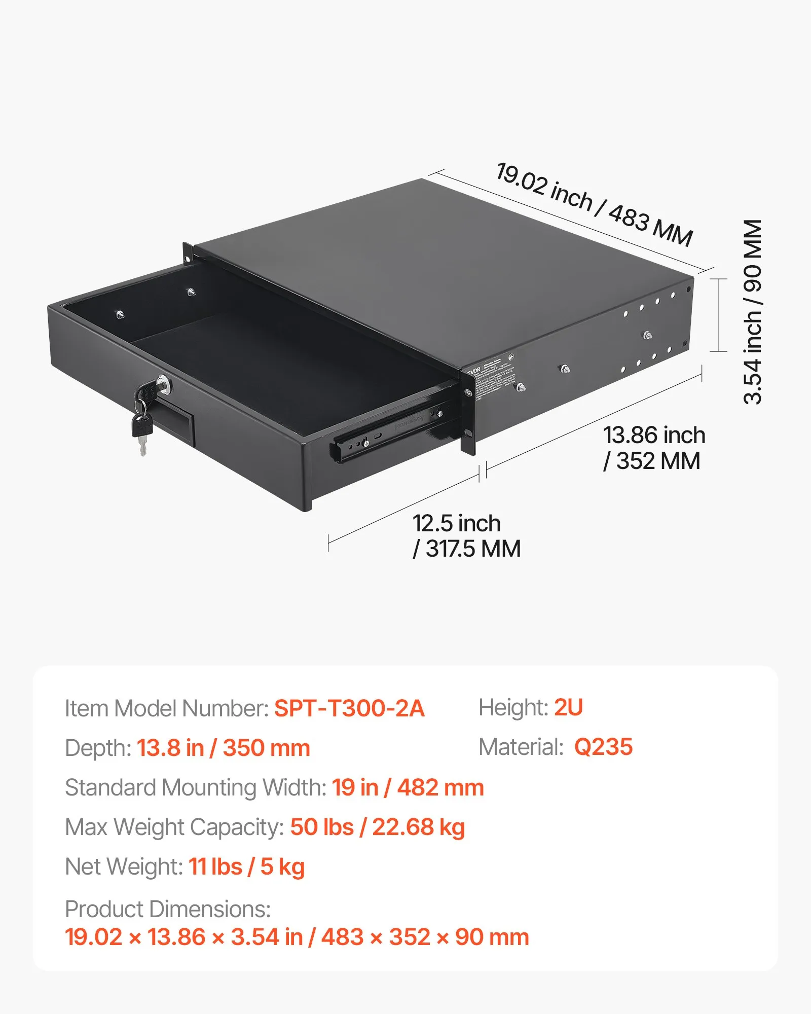 2U Rack Drawer, 22,68 kg, Uzamykateľná skriňa pre server, Posuvná zásuvka so zámkom a otvormi na vedenie káblov, pre 482 mm sieťový server, AV rack alebo skriňu – Obrázok 5