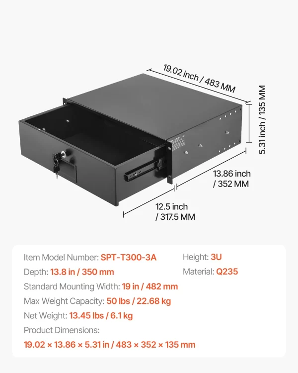 3U Rack Drawer, 22,68 kg uzamykateľná skriňa pre server, posuvná zásuvka so zámkom a otvormi na vedenie káblov, pre 482 mm sieťový server, AV rack alebo skriňu – Obrázok 5