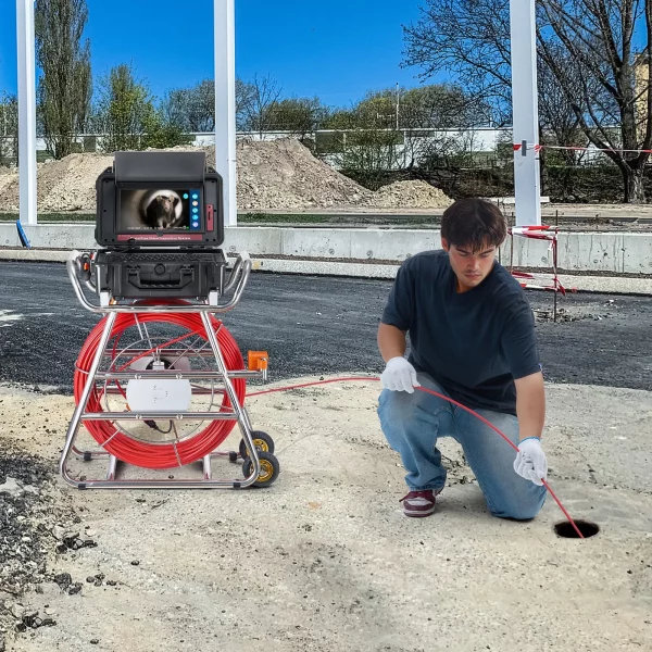 Kanalizačný fotoaparát  100 m samonivelačná inšpekčná kamera na potrubie s 10,1-palcovou dotykovou obrazovkou, vysielačom 512 Hz a počítadlom vzdialenosti, IP67 inšpekčná kamera na potrubie s 12 LED diódami a 32 GB kartou, endoskop pre kanalizačné potrubia – Obrázok 2