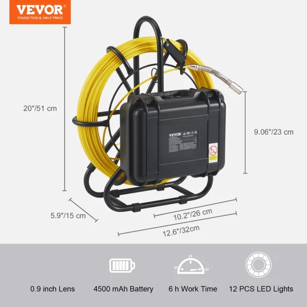 Kanalizačný fotoaparát 70 m, 23 cm obrazovka, inšpekčná kamera na potrubie s funkciou DVR, IP68 kamera s 12 nastaviteľnými LED diódami, s 16 GB SD kartou, pre kanalizačné potrubia, dom, kanalizáciu, odtokové potrubie – Obrázok 3