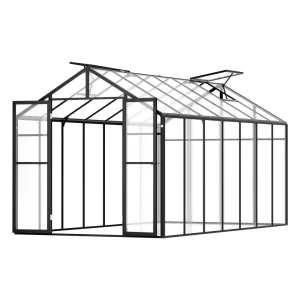 Polykarbonátový skleník 236x402,5x207 cm, vonkajší skleník s 2 vetracími oknami, kvetináč v štýle pavilónu s francúzskymi dverami, hliníkový skleník s možnosťou pripojenia do vonkajšej záhrady