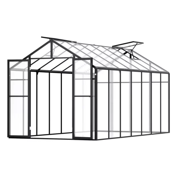 Polykarbonátový skleník 236x402,5x207 cm, vonkajší skleník s 2 vetracími oknami, kvetináč v štýle pavilónu s francúzskymi dverami, hliníkový skleník s možnosťou pripojenia do vonkajšej záhrady