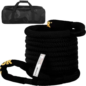 Kinetické ťažné lano 32 mm x 9,6 m 23 723 kg Dvojito opletené nylonové kinetické ťahacie lano so slučkami a ochrannými krytmi pre nákladné vozidlá, štvorkolky, UTV vrátane prepravnej tašky, čierne