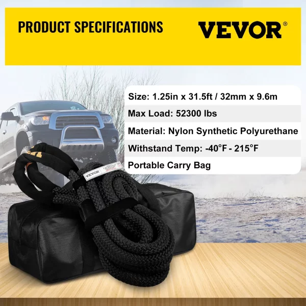 Kinetické ťažné lano 32 mm x 9,6 m 23 723 kg Dvojito opletené nylonové kinetické ťahacie lano so slučkami a ochrannými krytmi pre nákladné vozidlá, štvorkolky, UTV vrátane prepravnej tašky, čierne – Obrázok 6