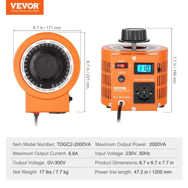 2000VA transformátor s premenlivým napätím, 6,6 A, vstup 230 V, výstup 0 – 300 V, regulátor striedavého napätia, s LCD displejom, 4 prídavné poistky, pre domácnosť, priemysel a kanceláriu – Obrázok 7