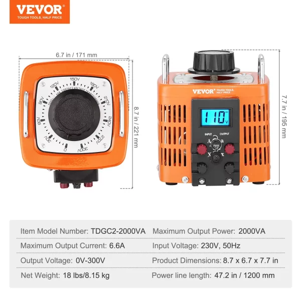 2000VA transformátor s premenlivým napätím, 6,6 A, vstup 230 V, výstup 0 – 300 V, regulátor striedavého napätia, s LCD displejom, 4 prídavné poistky, pre domácnosť, priemysel a kanceláriu – Obrázok 6