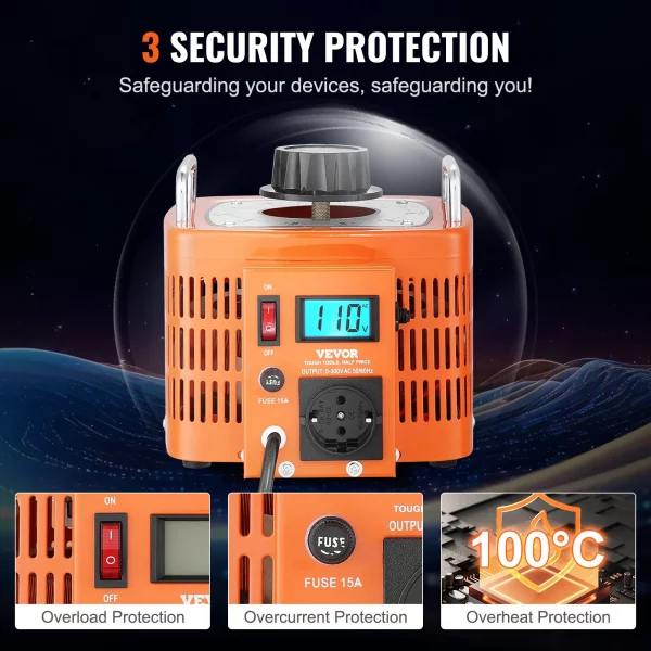 3000VA Automatický transformátor s premenlivým napätím, 10 A, vstup 230 V, výstup 0 – 300 V, regulátor striedavého napätia, s LCD displejom, 4 prídavné poistky – Obrázok 4