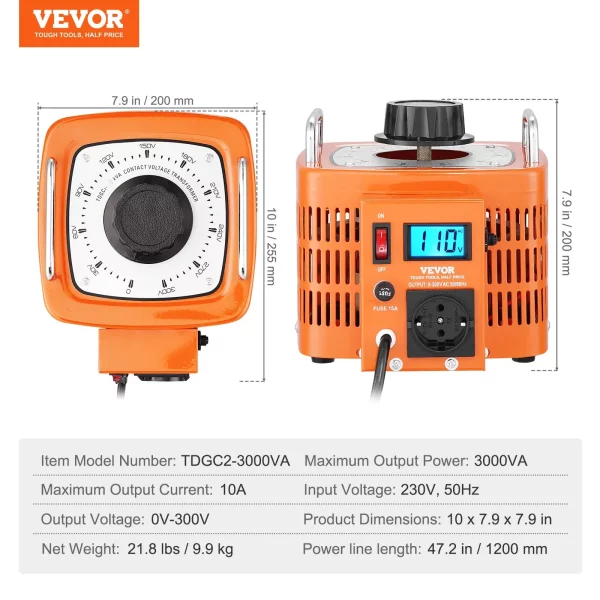 3000VA Automatický transformátor s premenlivým napätím, 10 A, vstup 230 V, výstup 0 – 300 V, regulátor striedavého napätia, s LCD displejom, 4 prídavné poistky – Obrázok 3