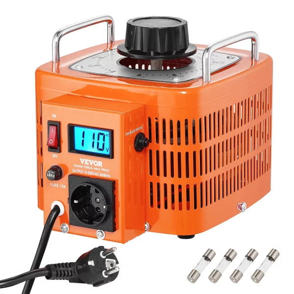 3000VA Automatický transformátor s premenlivým napätím, 10 A, vstup 230 V, výstup 0 – 300 V, regulátor striedavého napätia, s LCD displejom, 4 prídavné poistky