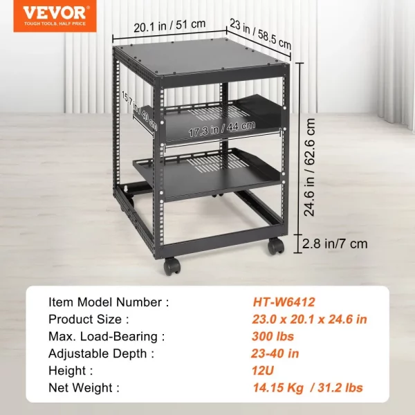 12U otvorený serverový rack 58,5-101,6 cm nastaviteľná hĺbka voľne stojaci/nástenný sieťový serverový rack 4-stĺpikový AV rack s kolieskami pre všetky vaše sieťové IT zariadenia AV zariadenia – Obrázok 5