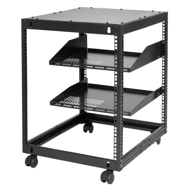 12U otvorený serverový rack 58,5-101,6 cm nastaviteľná hĺbka voľne stojaci/nástenný sieťový serverový rack 4-stĺpikový AV rack s kolieskami pre všetky vaše sieťové IT zariadenia AV zariadenia – Obrázok 2