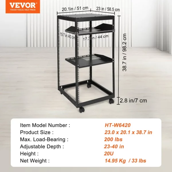 20U otvorený serverový rack, voľne stojaci alebo nástenný sieťový serverový rack, 4-stĺpový AV rack s kolieskami, pojme všetky vaše sieťové IT zariadenia, AV zariadenia – Obrázok 5