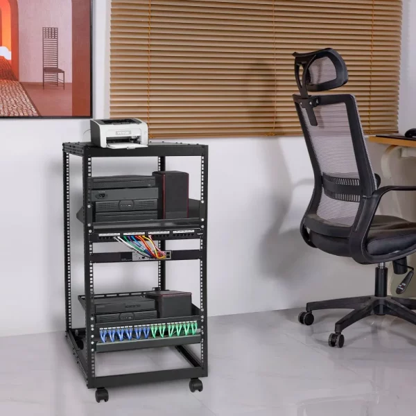 20U otvorený serverový rack, voľne stojaci alebo nástenný sieťový serverový rack, 4-stĺpový AV rack s kolieskami, pojme všetky vaše sieťové IT zariadenia, AV zariadenia – Obrázok 3