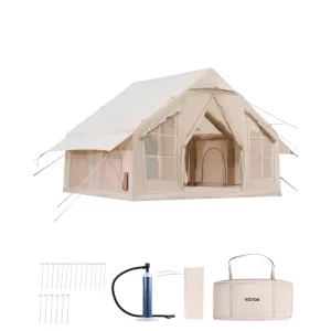 Nafukovacie kempingové stany 3x3x2,3 m, 4-6 osôb, 300D Oxford 4-sezónny glampingový stan s ručnou pumpou, pripojením na varič, 2 dvere a 4 sieťované okná, vrátane úložného vrecka na prepravu