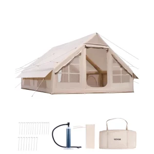Nafukovacie kempingové stany 4x3x2 m, 5-8 osôb, 300D Oxford Glamping Stan s pripojením na varič, ručnou pumpou, 2 dvere a 4 sieťované okná, vrátane úložného vrecka pre jednoduchú prepravu