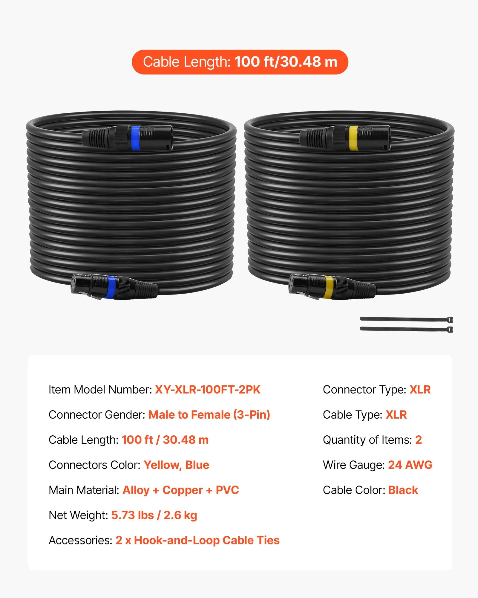 XLR kábel 30,48 m, 2 kusy, vyvážené DMX mikrofónové káble (samec-samica), pozlátené 3-kolíkové XLR mikrofónové reproduktorové káble, pre osvetlenie pódia, mikrofóny, zosilňovače, mixéry – Obrázok 3