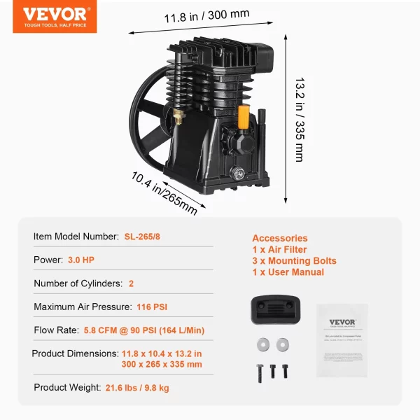 Hlava vzduchového kompresora, 3 HP, 5,8 CFM pri 90 PSI, olejom mazaná piestová hlava vzduchového kompresora s dvoma valcami, jednostupňová náhrada za hliníkové vzduchové kompresorové čerpadlo s max. tlakom 116 PSI – Obrázok 6